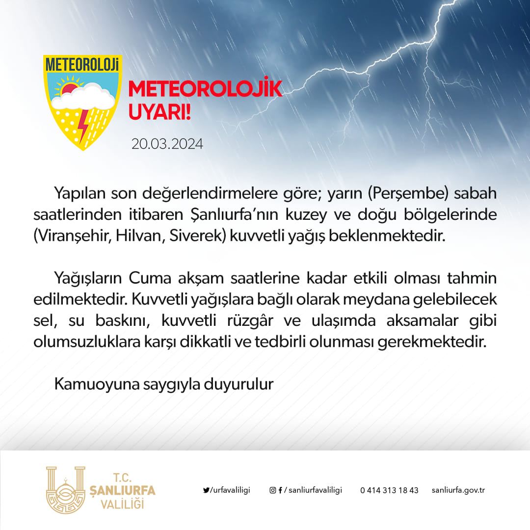 Valilikten yağış uyarısı