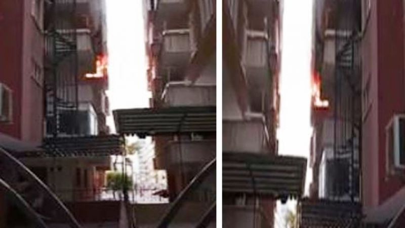 Depremde hasar gören binada yangın